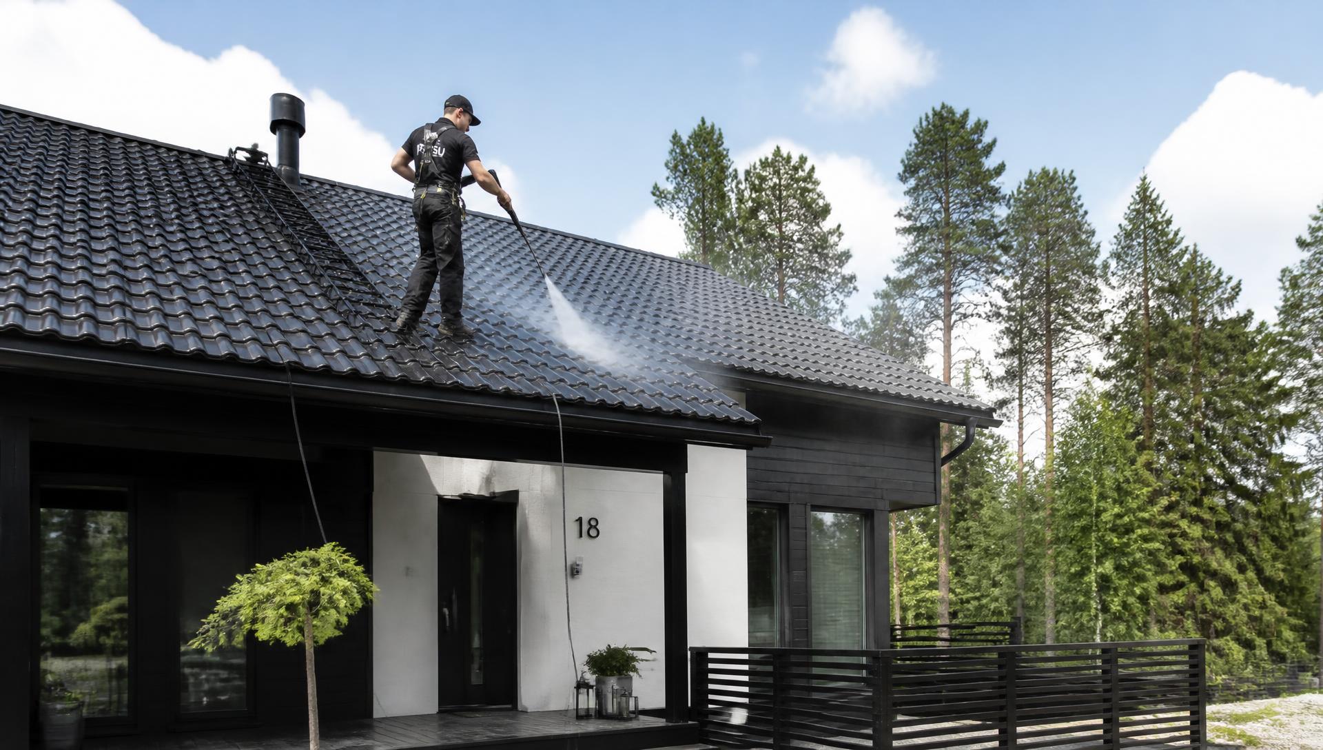 Ammattilainen pesee mustaa kattoa painepesurilla